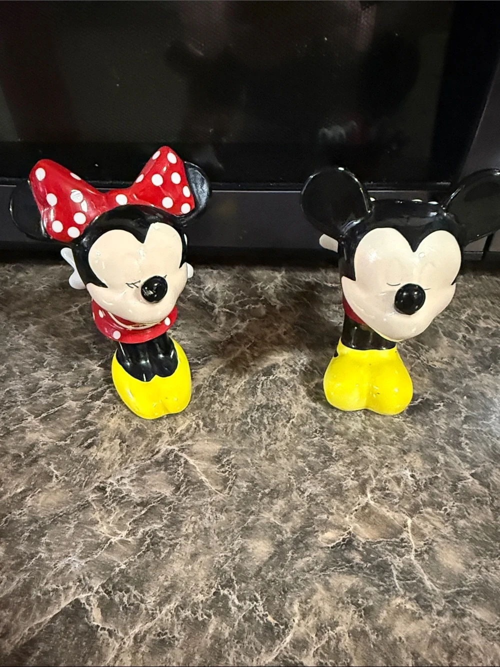 Disney Minnie and Mickey Salt & Pepper Figurine Pair in Red, Black, Yellow